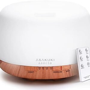 ASAKUKI Essential Oil Diffuser 500ml, Ultrasonic Aromatherapy Humidifier with Remote Control, 7 LED Colors, Timer & Auto-Off, Large Room Diffuser