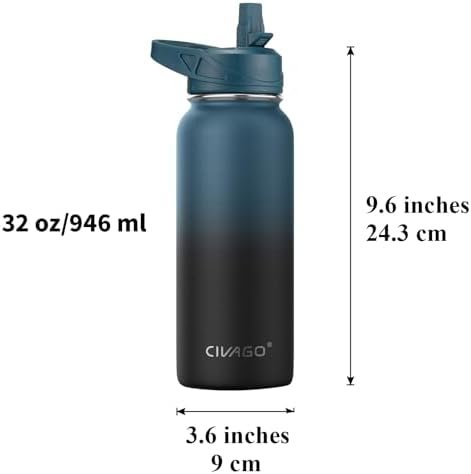 CIVAGO 32 oz Insulated Water Bottle With Straw, Stainless Steel Sports Water Cup Flask with 3 Lids (Straw, Spout and Handle Lid), Wide Mouth Travel Thermal Mug, Black - Image 4