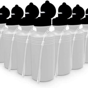 4E's Novelty Sports Water Bottles Bulk (12 Pack) 18 oz Squeeze Reusable Plastic White School Bike Water Bottle for Kids, BPA Free, Party Favor Giveaways, End of Year Student Gifts