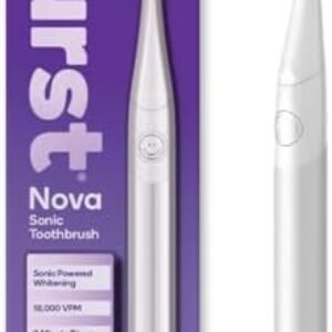 Burst Nova Toothbrush (White) | Sonic Powered Teeth Whitening | Super-Soft Bristles | 18000 VPM | 2 Minute Timer | Aluminum Handle | Replaceable Brush Head | Compact Size | with AAA Battery