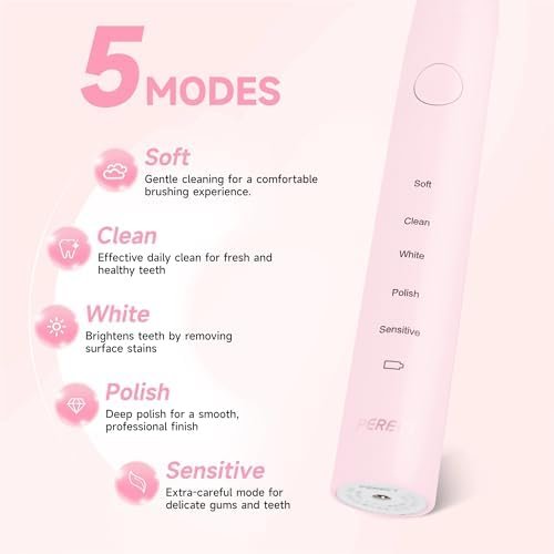 PERECT Ultrasonic Electric Toothbrush with 6 Brush Heads, 5 Modes Electric Toothbrush, Travel Rechargeable Power Toothbrush for Adults with Smart Timer &Travel Case & Soft Picks, IPX7 Waterproof, Pink - Image 2