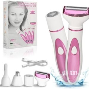 Electric Razor for Women Men,4 in 1 Painless Ladies Wet & Dry Body Razors and Facial Hair Remover,Rechargeable Led Display Hair Removal Kit for Nose Face Body Leg Bikini Arm Hair (Pink)
