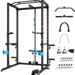 Power Cage, Multi-Functional Power Rack with J-Hooks, Dip Handles, Landmine Attachment and Optional Cable Pulley System for Home Gym