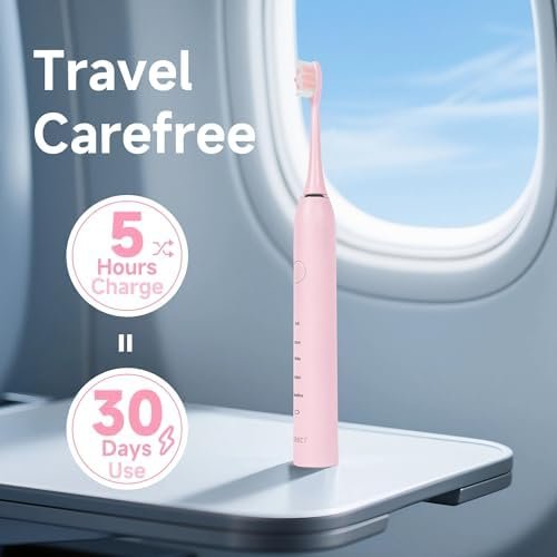PERECT Ultrasonic Electric Toothbrush with 6 Brush Heads, 5 Modes Electric Toothbrush, Travel Rechargeable Power Toothbrush for Adults with Smart Timer &Travel Case & Soft Picks, IPX7 Waterproof, Pink - Image 6