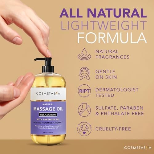 Cosmetasa Lavender Massage Oil for Massage Therapy with Roller - All Natural, Cruelty-Free & Spa Quality Skin Therapy Oil & Soothing Care - Lavender, Geranium & Grapeseed Oil (8.8 oz) - Image 3