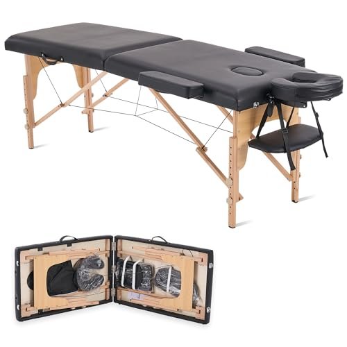 YOUNIKE Portable Foldable Massage Table - Adjustable Height Lightweight Wooden Frame Spa Bed for Tattoo, Facial, Lash, Physical Therapy, Home & Salon Use with Accessories & Non-Woven Bag, Black