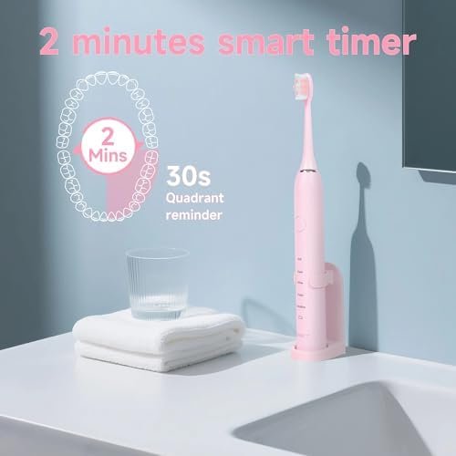 PERECT Ultrasonic Electric Toothbrush with 6 Brush Heads, 5 Modes Electric Toothbrush, Travel Rechargeable Power Toothbrush for Adults with Smart Timer &Travel Case & Soft Picks, IPX7 Waterproof, Pink - Image 5
