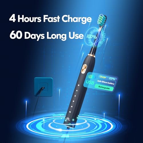 DADA-TECH Ultrasonic Toothbrush for Adults Sonic Toothbrush, 9 Brush Heads, 5 Cleaning Modes, 4-Hour Charge Lasts 60 Days Electric Toothbrush (Black) - Image 6
