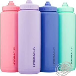 Hydra Cup Sport [4 Pack] 32 oz Squeeze Water Bottles, Fast Flow Sports Water Bottle with Ball Blender Whisk, Bike & Cycling Water Bottle, Travel To Go, BPA Free (Bright Colors)