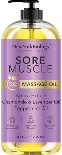 New York Biology Sore Muscle Massage Oil 8 Fl Oz – Made with 100% Natural Oils – Soothing Body Massage Oil - Absorbs Easily