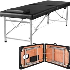 Portable Folding Massage Table – 2-Section Lightweight Salon & Spa Bed for Tattoo, Facials, Massage Therapy – Foldable Beauty Table for Home & Professional Use (Black)