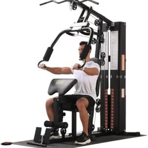 BalanceFrom Multifunctional Steel Frame Home Gym Machine with Floor Mat – Strength Training Workout Station with 160-Pound Weight Stack, Lat Pull & Low Row Bars, 4-Roll Leg Developer & Press