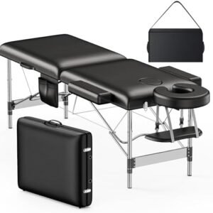 Brelley Massage Table Portable, 2-Fold Lash Bed with Side Pocket, Adjustable Height, Sturdy Aluminum Frame, Esthetician Spa Facial Tattoo Bed with Face Cradle & Carrying Bag, Black