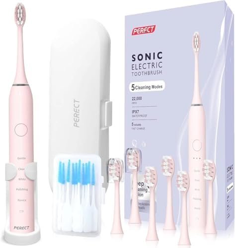 PERECT Ultrasonic Electric Toothbrush with 6 Brush Heads, 5 Modes Electric Toothbrush, Travel Rechargeable Power Toothbrush for Adults with Smart Timer &Travel Case & Soft Picks, IPX7 Waterproof, Pink