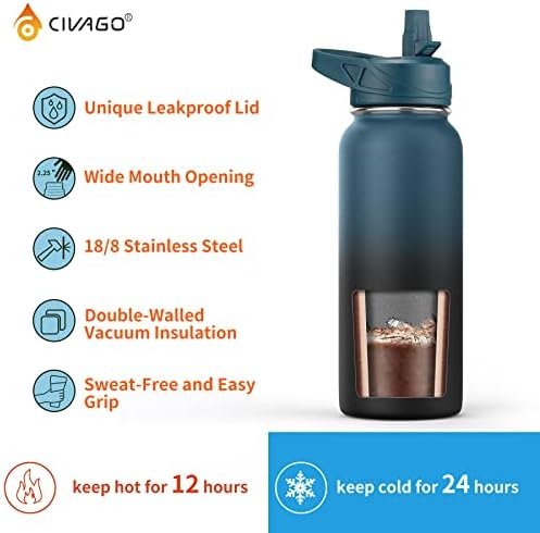 CIVAGO 32 oz Insulated Water Bottle With Straw, Stainless Steel Sports Water Cup Flask with 3 Lids (Straw, Spout and Handle Lid), Wide Mouth Travel Thermal Mug, Black - Image 3