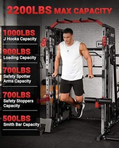 GarveeLife Smith Machine Home Gym All in One, 2200LBS Squat Rack Power Cage with Smith Bar, LAT Pull-Down, Cable Systems, Leg Hold-Down and More Attachments, Workout Equipment (Red Black) - Image 4