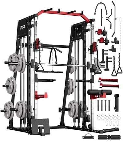 GarveeLife Smith Machine Home Gym All in One, 2200LBS Squat Rack Power Cage with Smith Bar, LAT Pull-Down, Cable Systems, Leg Hold-Down and More Attachments, Workout Equipment (Red Black)