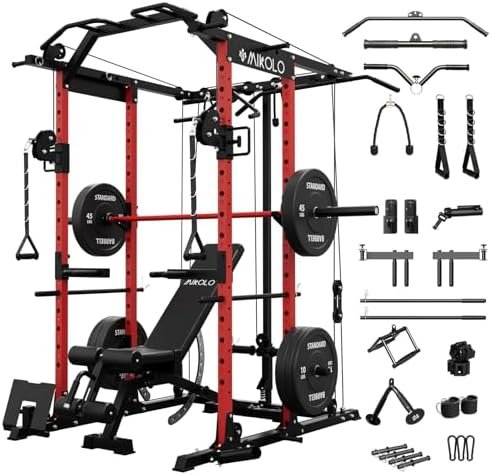 Mikolo Power Cage, Power Rack with Cable Crossover System, 1500LBS Squat Rack with LAT Pull Down System, Workout Cage with Pulley System for Fitness Home Gym