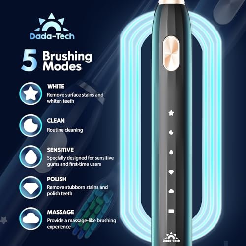 DADA-TECH Ultrasonic Toothbrush for Adults Sonic Toothbrush, 9 Brush Heads, 5 Cleaning Modes, 4-Hour Charge Lasts 60 Days Electric Toothbrush (Black) - Image 4