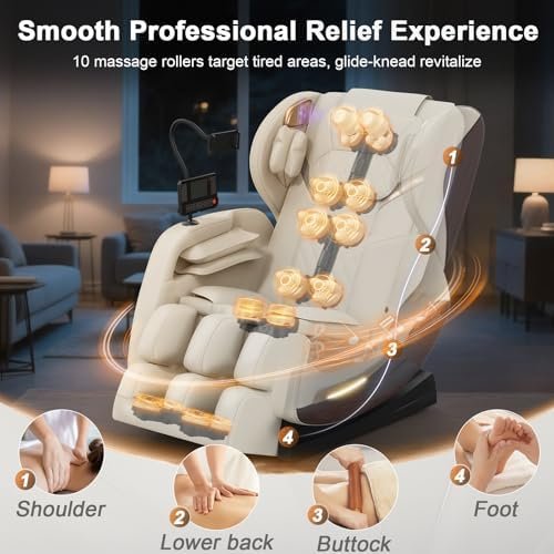 2025 Massage Chair, Massage Chairs Full Body and Recliner with 10 Fixed Points, Zero Gravity, Wood Grain Leather, Foot Massage, Airbags, Lumbar Heating, Bluetooth and Control Screen (Creamy White) - Image 5
