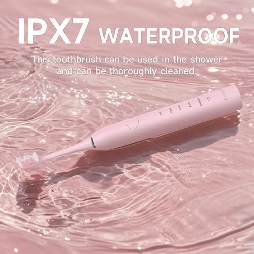 PERECT Ultrasonic Electric Toothbrush with 6 Brush Heads, 5 Modes Electric Toothbrush, Travel Rechargeable Power Toothbrush for Adults with Smart Timer &Travel Case & Soft Picks, IPX7 Waterproof, Pink - Image 4