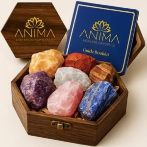 Anima Premium 7 Chakra Healing Crystals Set for Energy Alignment - Large Raw Amethyst, Rose Quartz, Citrine, Lapis Lazuli, Clear Quartz, Tigers Eye & Red Jasper - Wooden Gift Box & Guidebook Included