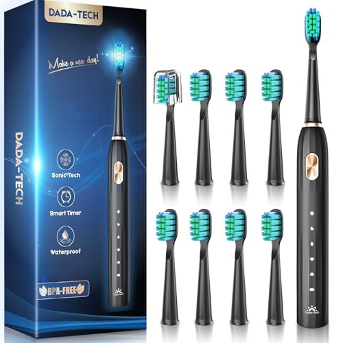 DADA-TECH Ultrasonic Toothbrush for Adults Sonic Toothbrush, 9 Brush Heads, 5 Cleaning Modes, 4-Hour Charge Lasts 60 Days Electric Toothbrush (Black)