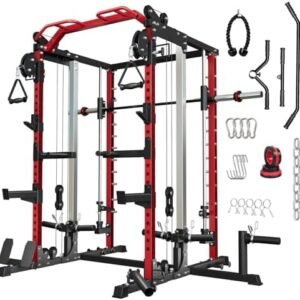 Smith Machine Home Gym, Multi-Function Power Cage with Dual Pulley Cable Crossover System, All-in-One Squat Rack with Smith Bar and Strength Training Attachments for Full-Body Workouts