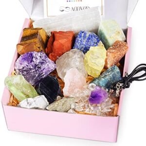 AOOVOO 17Pcs Crystals and Healing Stones, 14Pcs Real Raw Chakra Stones Set, Selenite Charging Plate, Amethyst Necklace, Rose Quartz, Mothers Day Gifts, Gift Box, Guide for Beginners, Collection, Meditation, Yoga