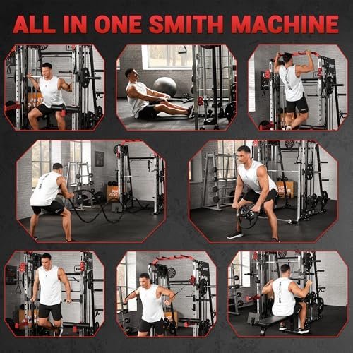 GarveeLife Smith Machine Home Gym All in One, 2200LBS Squat Rack Power Cage with Smith Bar, LAT Pull-Down, Cable Systems, Leg Hold-Down and More Attachments, Workout Equipment (Red Black) - Image 8