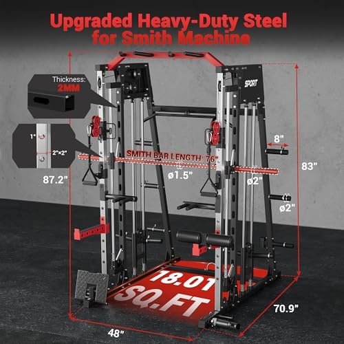 GarveeLife Smith Machine Home Gym All in One, 2200LBS Squat Rack Power Cage with Smith Bar, LAT Pull-Down, Cable Systems, Leg Hold-Down and More Attachments, Workout Equipment (Red Black) - Image 6