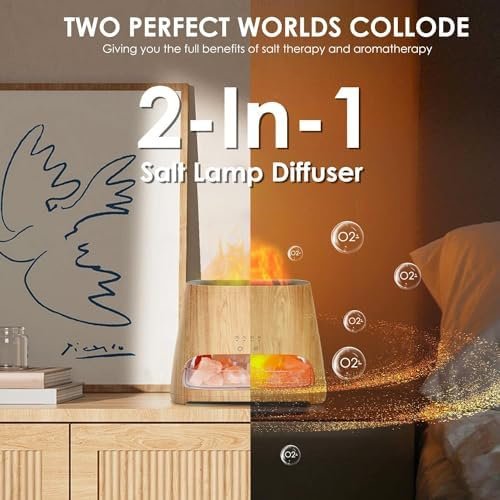 SALKING 2-in-1 Ultrasonic Essential Oil Diffuser & Himalayan Salt Lamp, Aromatherapy Diffuser Cool Mist Humidifier with Auto Off Function, 100% Pure Himalayan Pink Salt Rock, 150ml (Wooden Grain) - Image 3