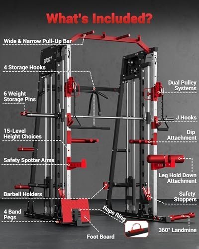 GarveeLife Smith Machine Home Gym All in One, 2200LBS Squat Rack Power Cage with Smith Bar, LAT Pull-Down, Cable Systems, Leg Hold-Down and More Attachments, Workout Equipment (Red Black) - Image 3