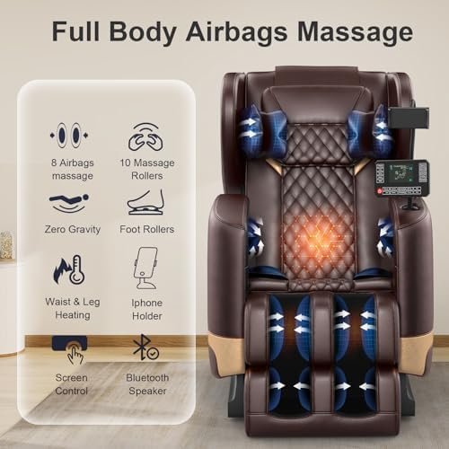 2025 Massage Chair Full Body, Zero Gravity Massage Chair with 10 Fix Rollers, Heating, Foot Massage, Auto Modes, Bluetooth Speaker, Touch Screen Controller (Brown Premium) - Image 4