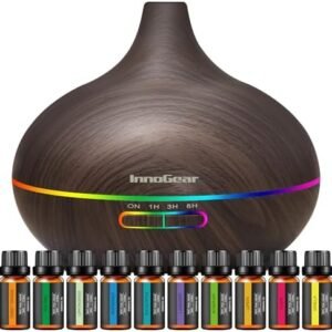 InnoGear Aromatherapy Diffuser & 10 Essential Oils Set, 400ml Diffuser Ultrasonic Diffuser Cool Mist Humidifier with 4 Timers 7 Colors Light Waterless Auto Off for Large Room Office, Dark Wood Grain
