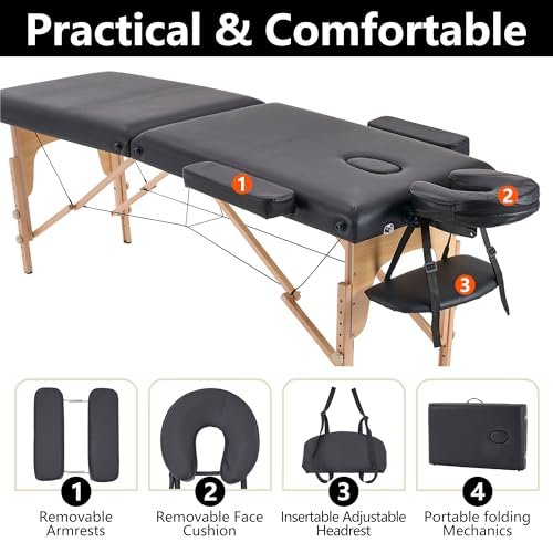 YOUNIKE Portable Foldable Massage Table - Adjustable Height Lightweight Wooden Frame Spa Bed for Tattoo, Facial, Lash, Physical Therapy, Home & Salon Use with Accessories & Non-Woven Bag, Black - Image 2