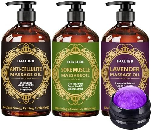 Massage Oil for Massage Therapy,Massage Kit Gifts for Women Men, 3 Pack Cellulite,Sore Muscle & Lavender Massage Body Oils with Massage Ball, Christmas Gifts Stocking Stuffers
