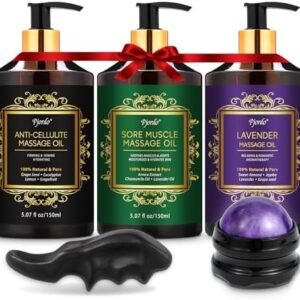 3 Pack Massage Oil for Massage Therapy, Lavender Oil for Relaxation, Sore Muscle Arnica Oil & Cellulite Massage Oil, with Massage Roller Ball & Thumb Saver Massage Tool, Massage Kit for Him Her