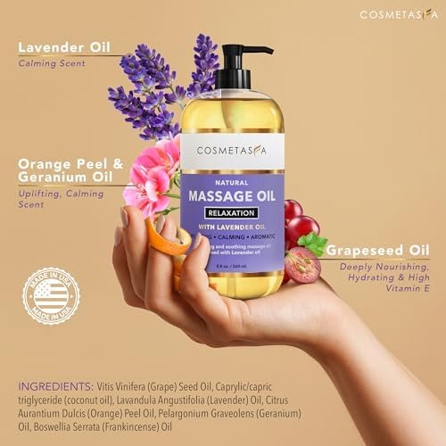 Cosmetasa Lavender Massage Oil for Massage Therapy with Roller - All Natural, Cruelty-Free & Spa Quality Skin Therapy Oil & Soothing Care - Lavender, Geranium & Grapeseed Oil (8.8 oz) - Image 2