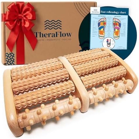 TheraFlow Foot Massager Roller for Plantar Fasciitis Relief and Neuropathy Pain Relief for Feet - Wooden Foot Roller Massager Acupressure Tool with Reflexology Chart - Mom Gifts for Women and Men